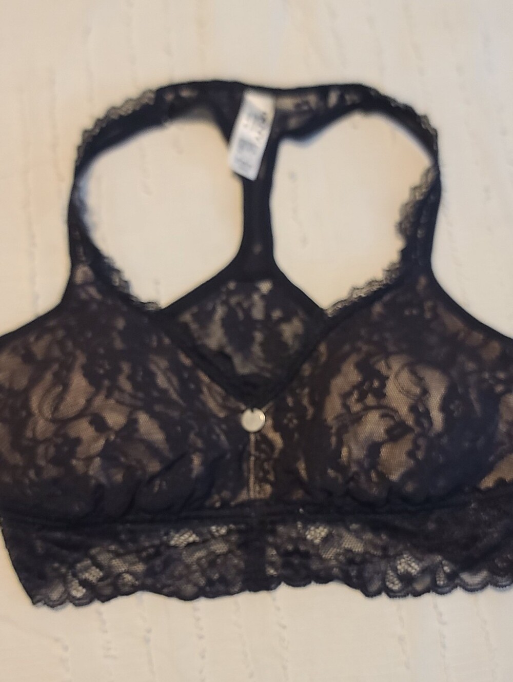 DKNY Black Floral Lace Sheer Wireless Racerback Pullover Bralette M